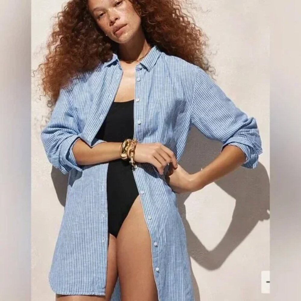 J CREW S Blue Relaxed-Fit Beach Shirt in Striped Linen Cotton Blend Long Fit